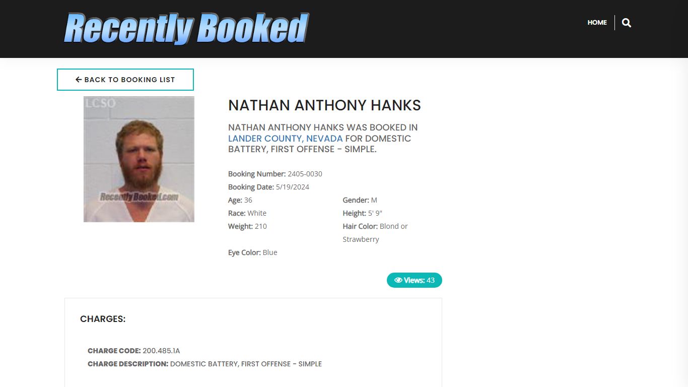 Recent Booking / Mugshot for NATHAN ANTHONY HANKS in Lander County, Nevada